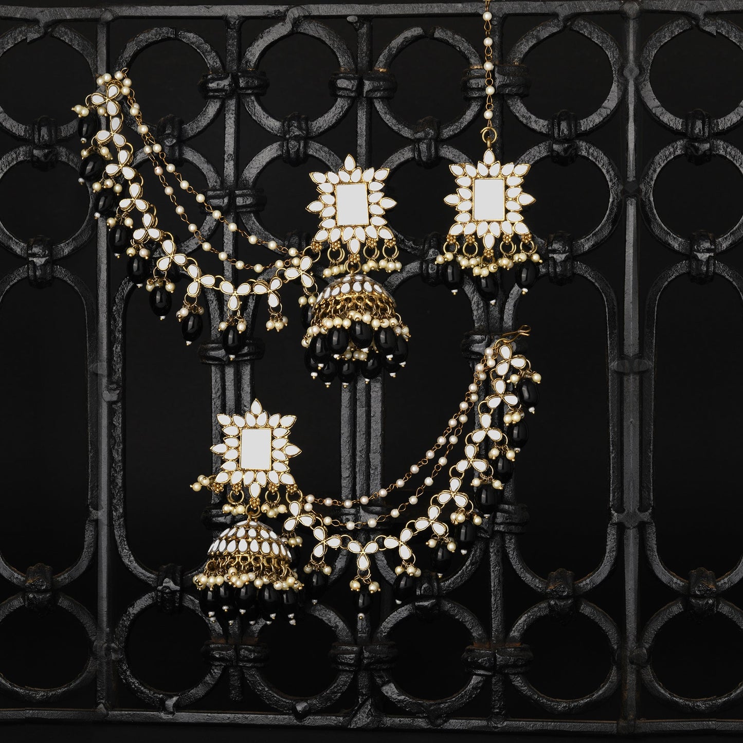 Black Beads and Mangtika Mirror Work Earrings set