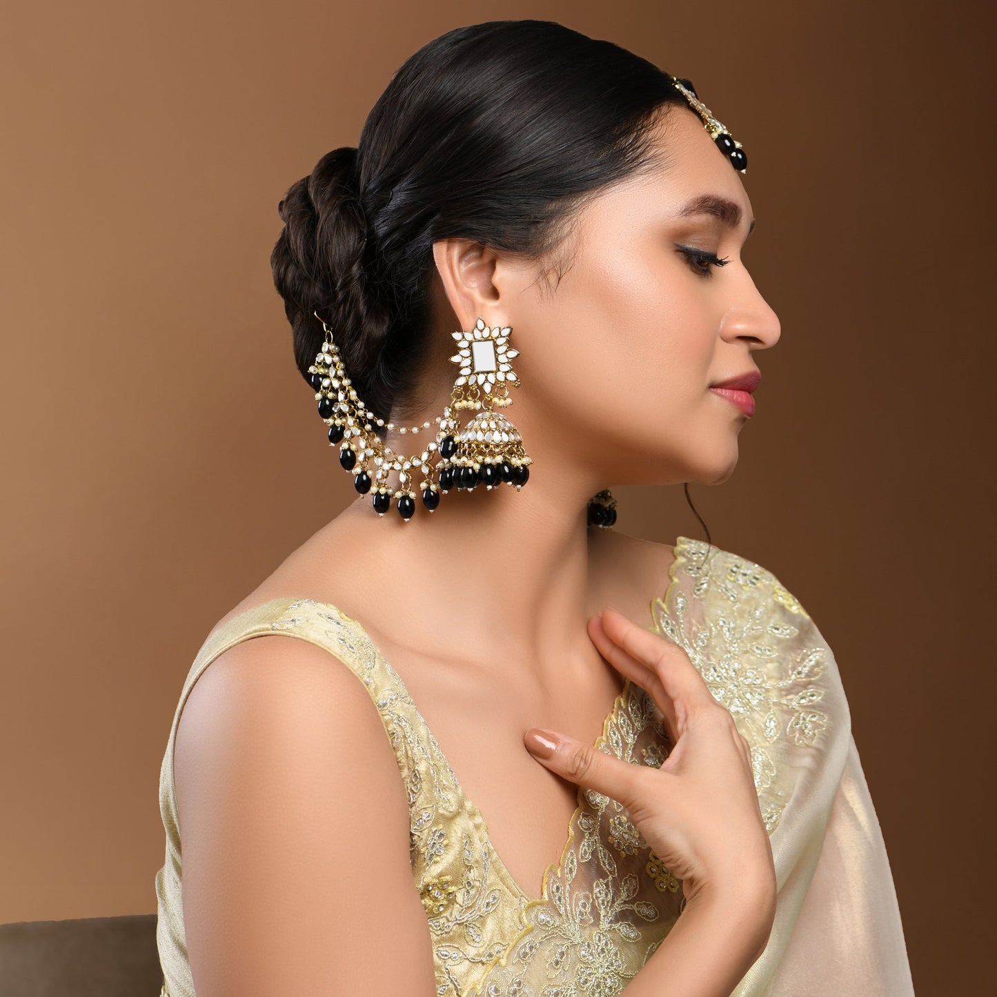 Black Beads and Mangtika Mirror Work Earrings set