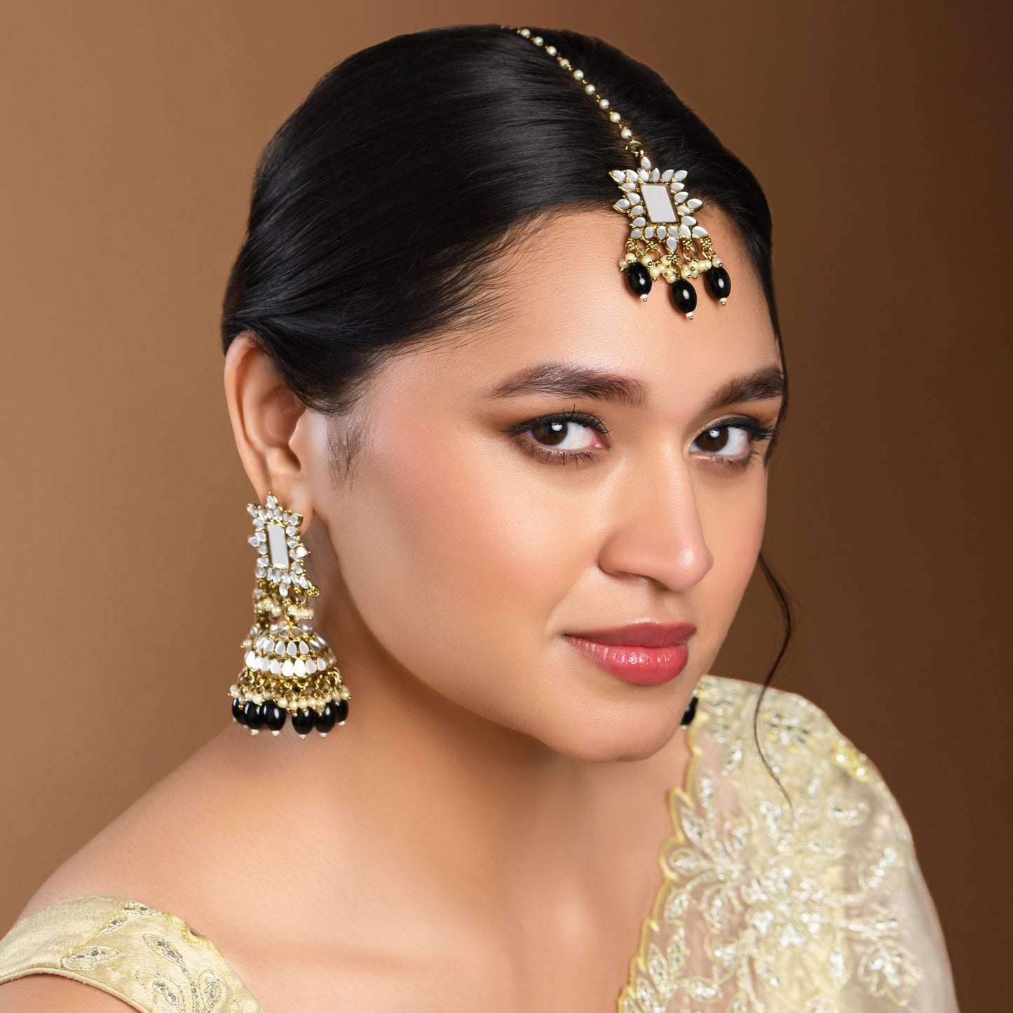 Black Beads and Mangtika Mirror Work Earrings set