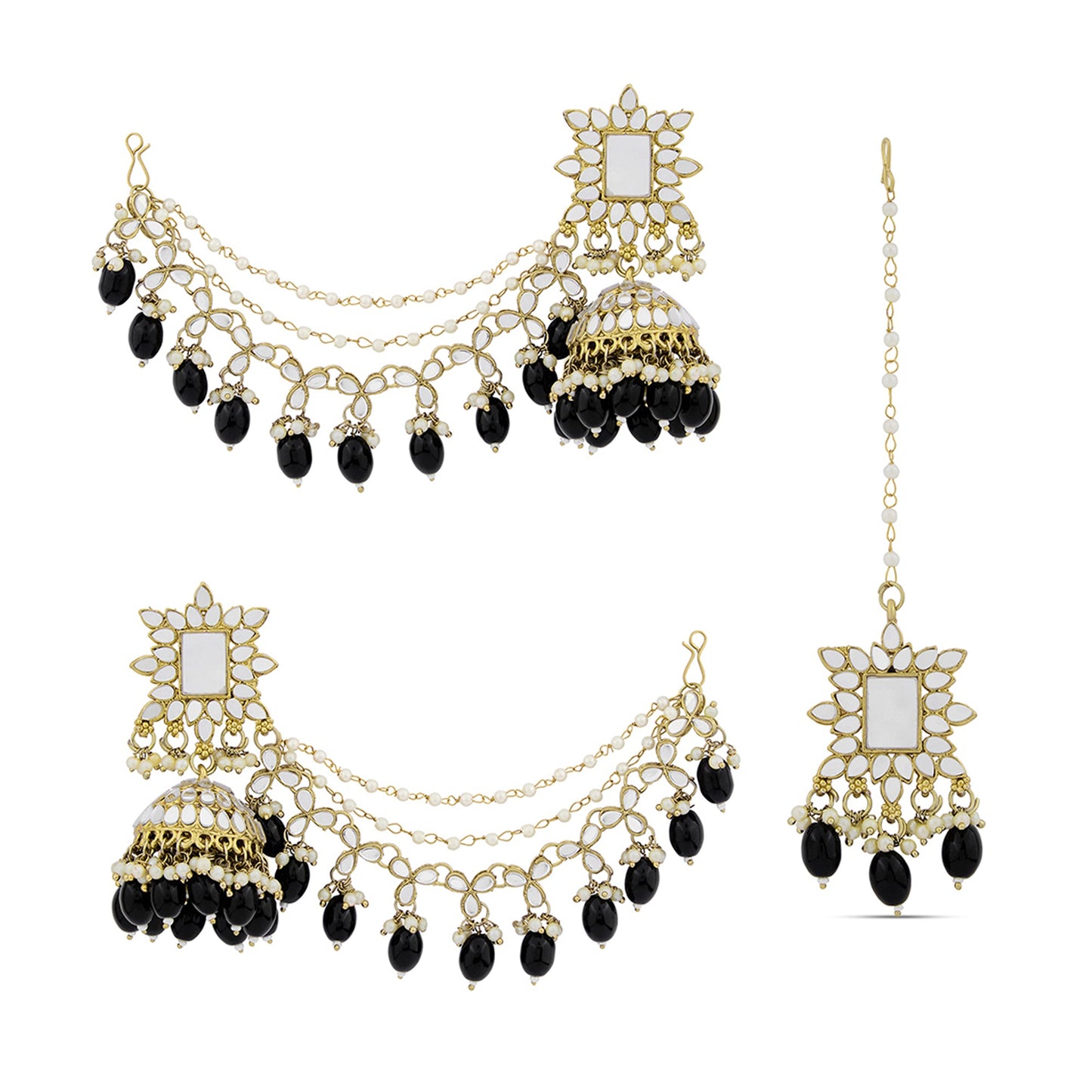 Black Beads and Mangtika Mirror Work Earrings set