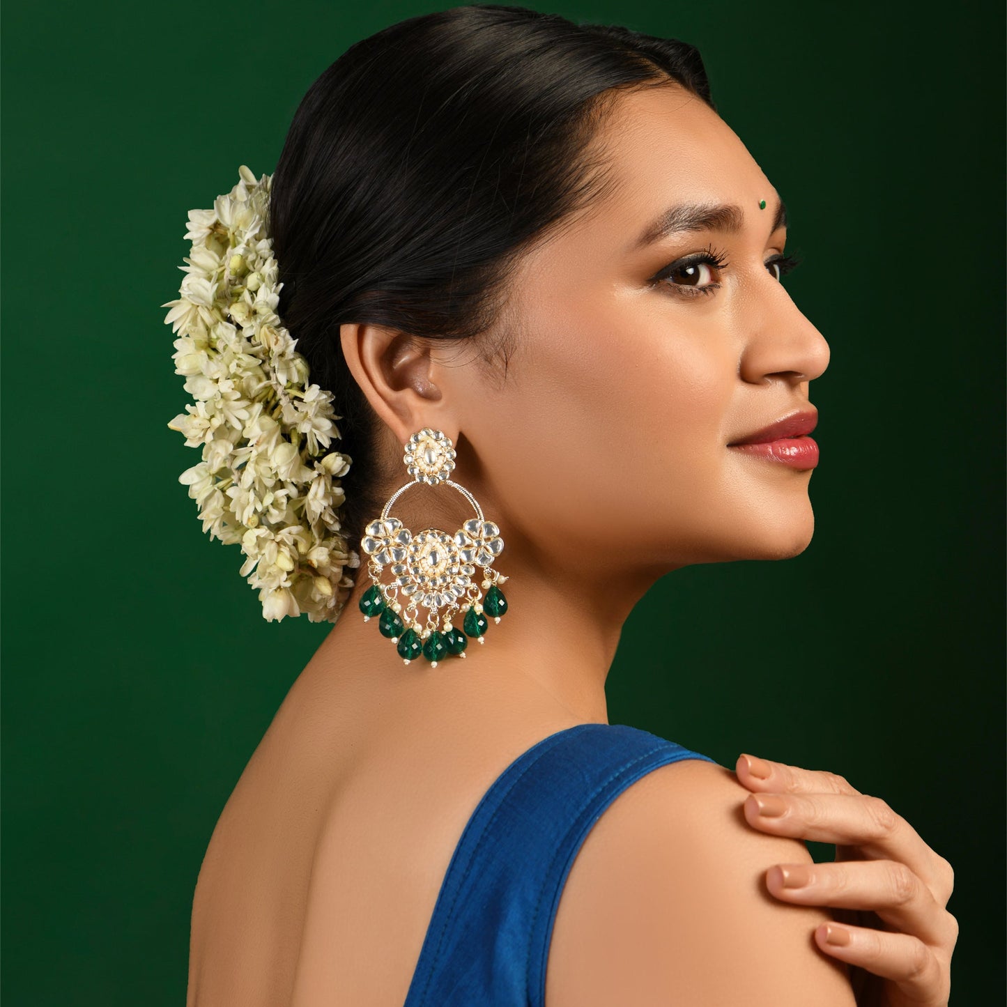 Green Chandbali Kundan Earrings