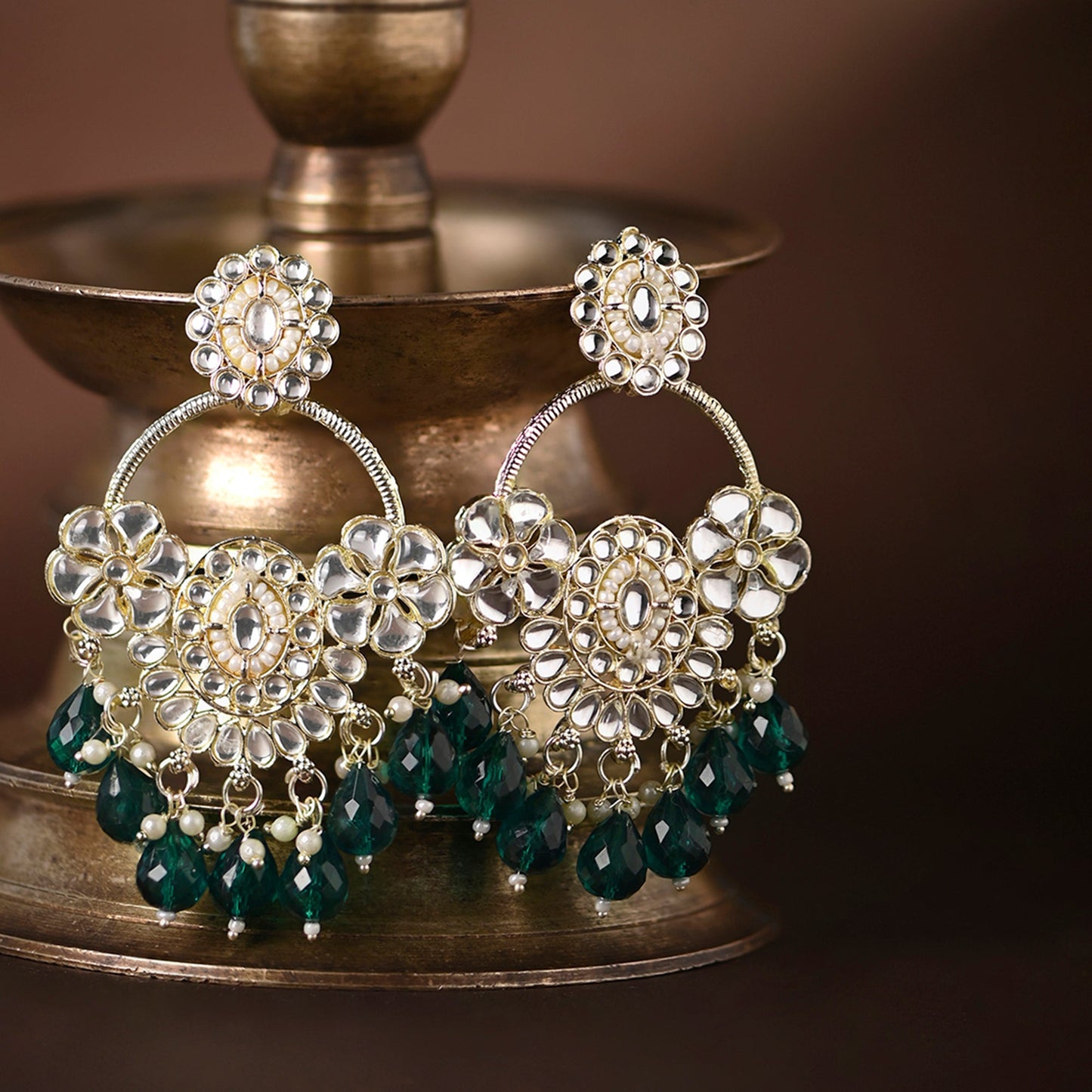 Green Chandbali Kundan Earrings