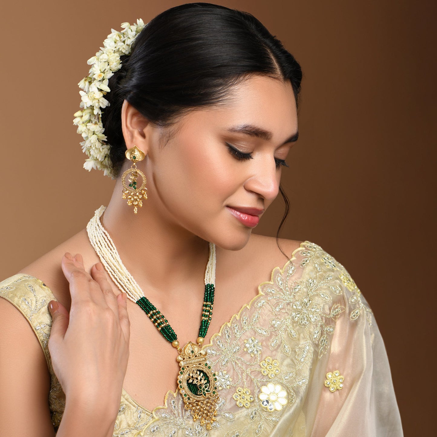 Green Beaded Long Necklace Set