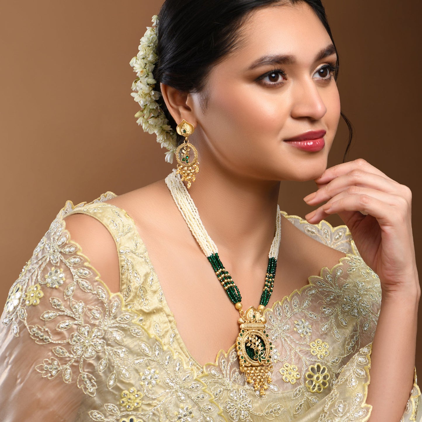 Green Beaded Long Necklace Set