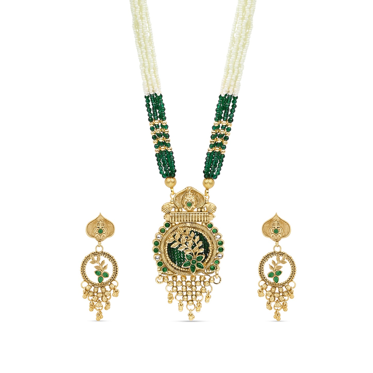 Green Beaded Long Necklace Set