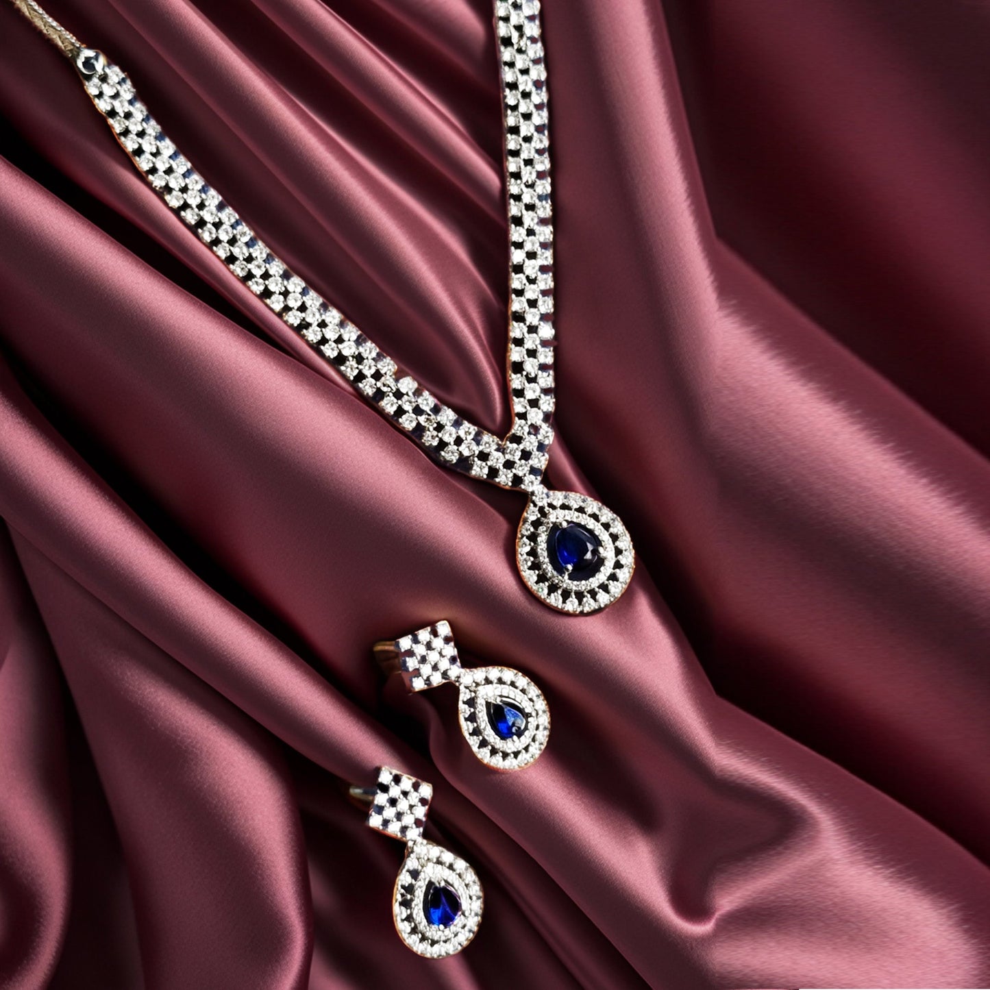 Blue Stone with Cubic Zirconia Dreamy Delicate Necklace Set