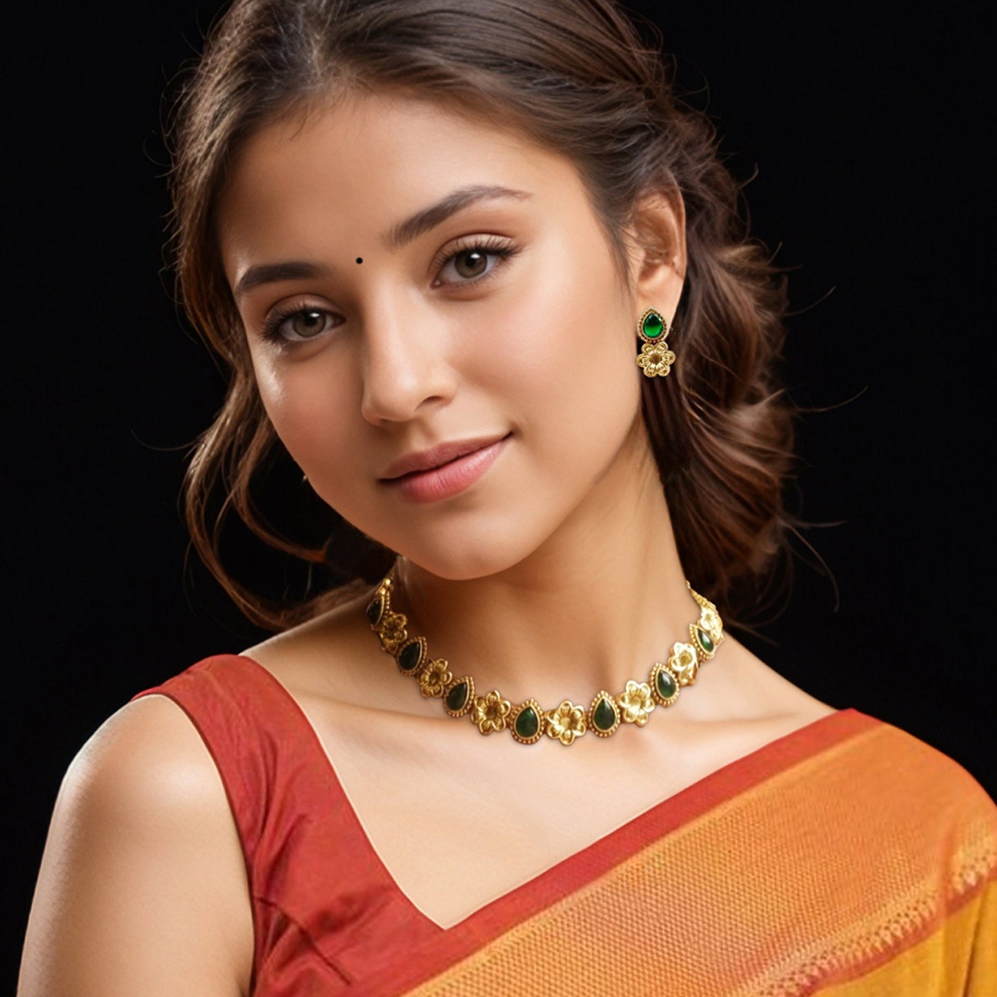 Green Tear drop shape With Gold Flower Jewelry Set