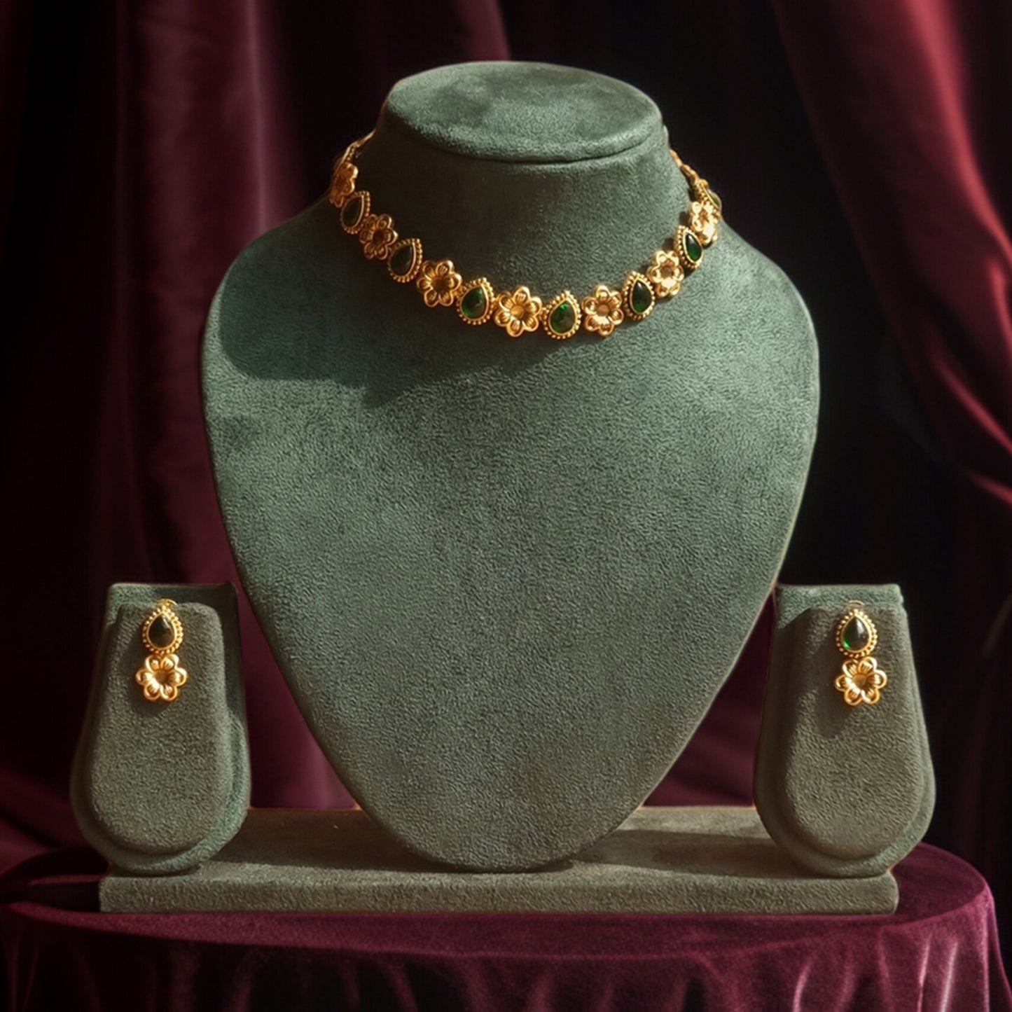 Green Tear drop shape With Gold Flower Jewelry Set