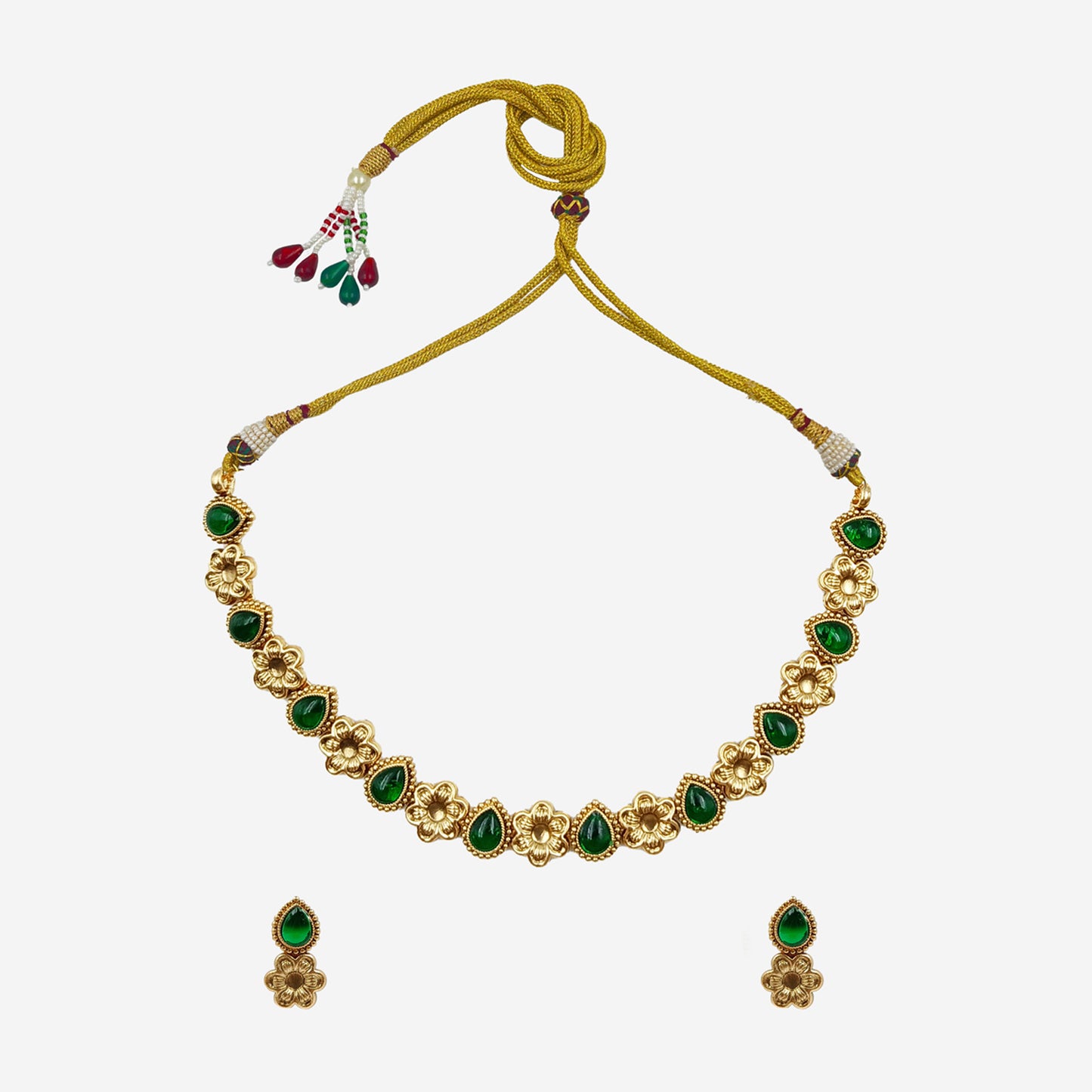 Green Tear drop shape With Gold Flower Jewelry Set