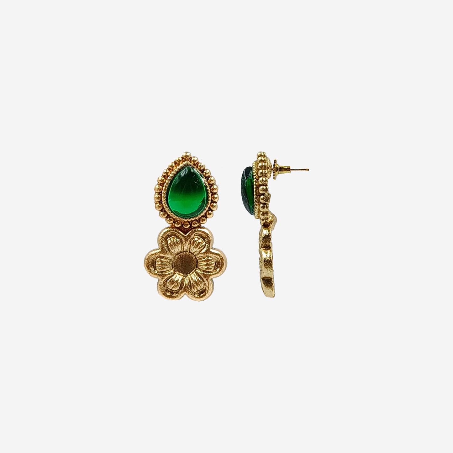 Green Tear drop shape With Gold Flower Jewelry Set