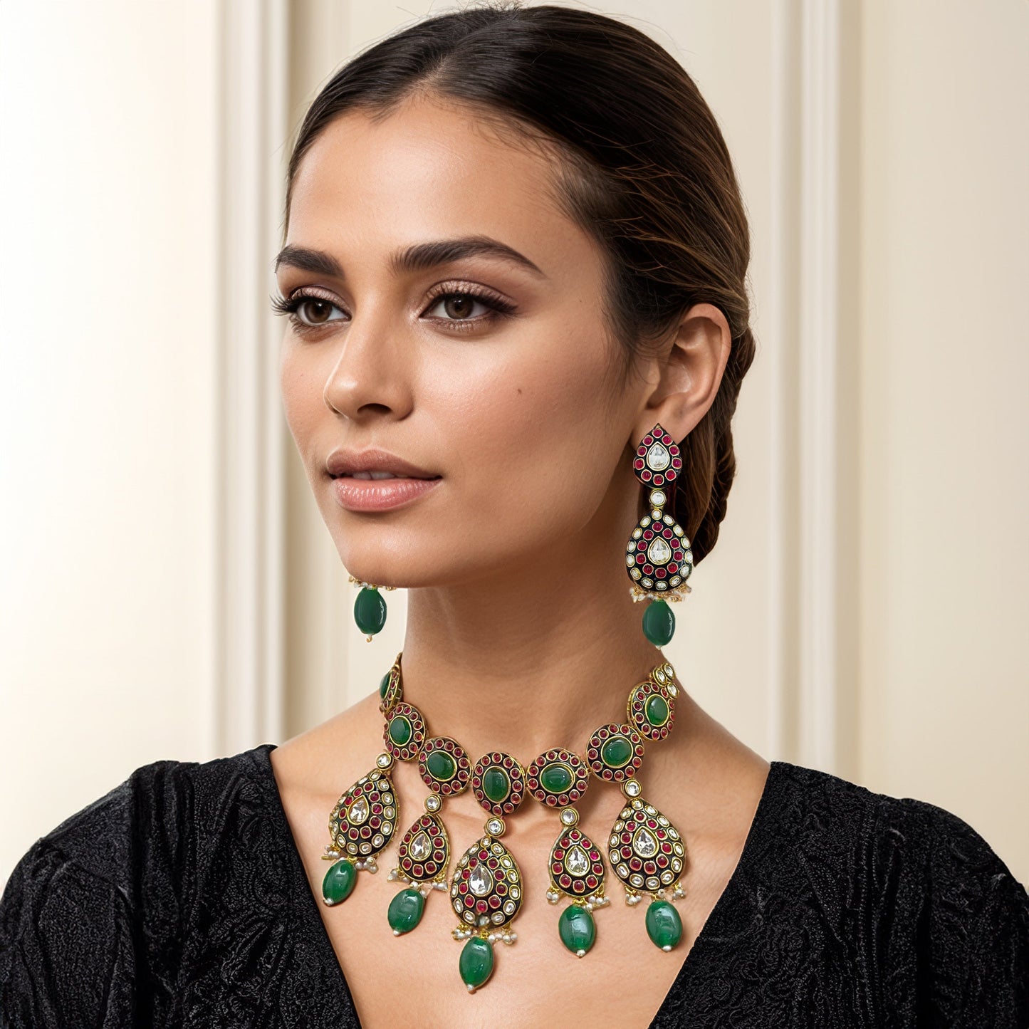 Green Polki Studded Jewellery Set