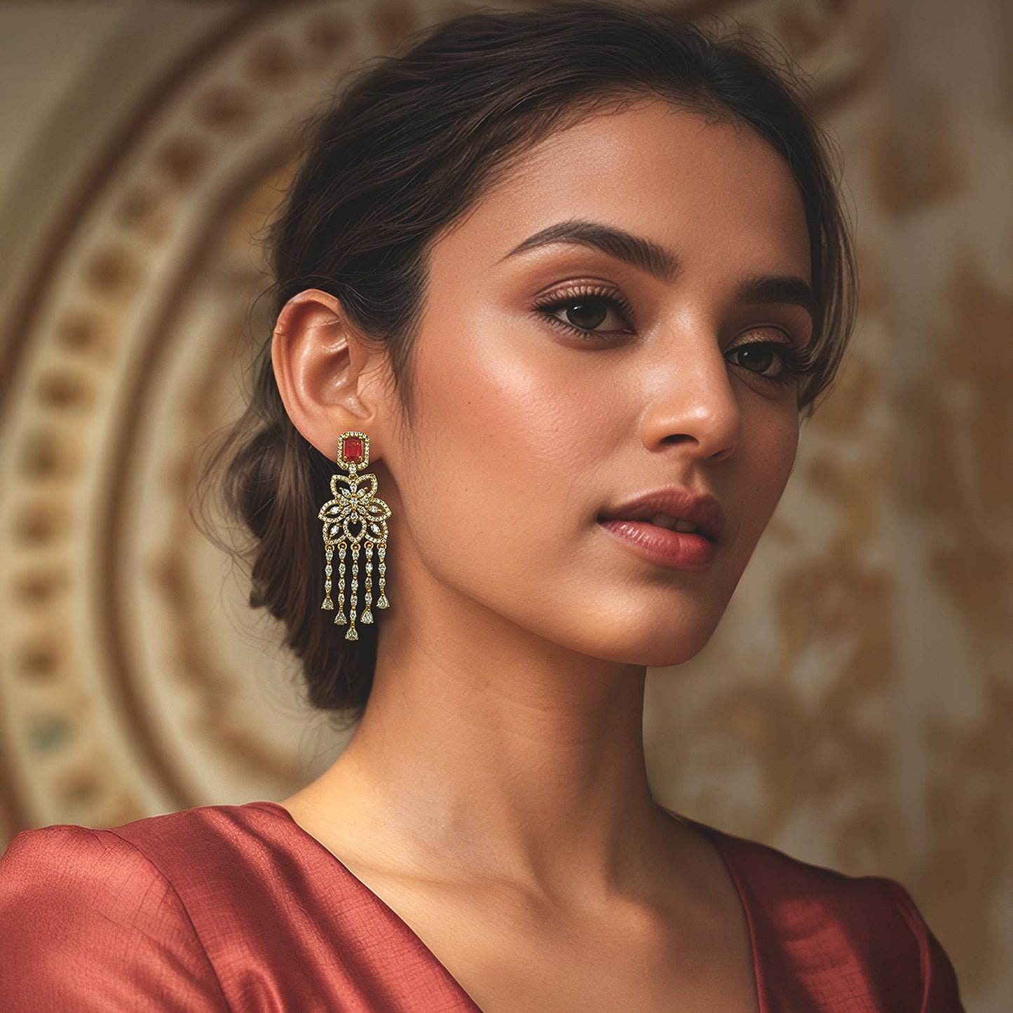 Gold-toned AD Studded Coral Flower Danglers