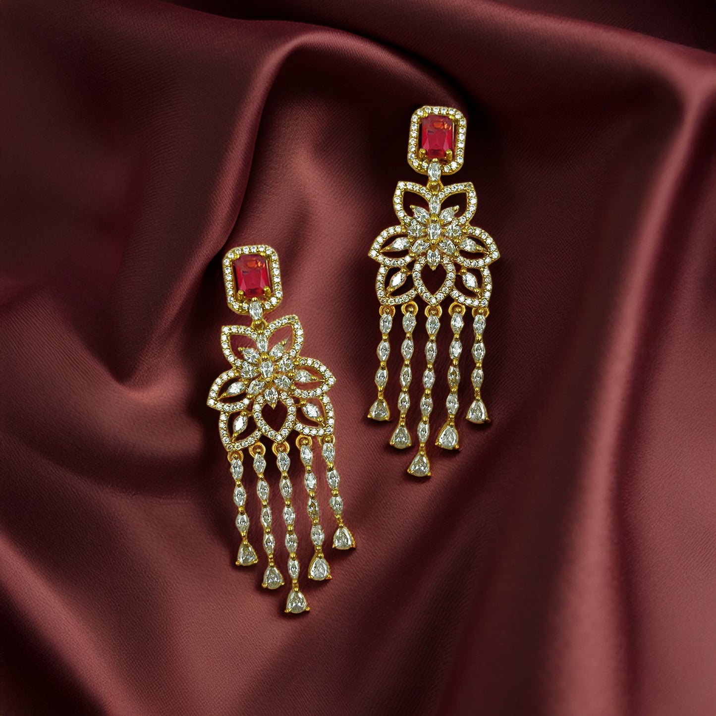 Gold-toned AD Studded Coral Flower Danglers