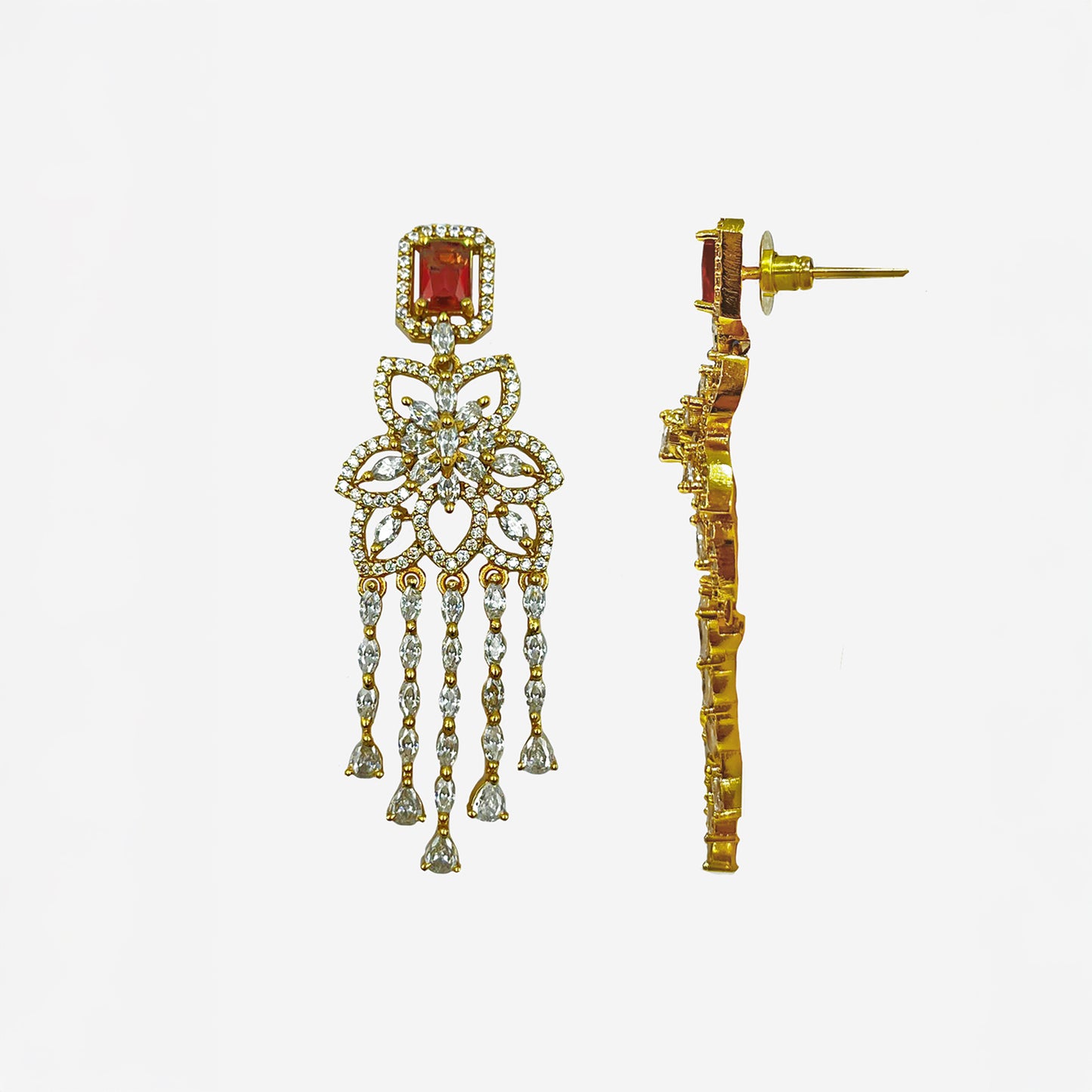 Gold-toned AD Studded Coral Flower Danglers