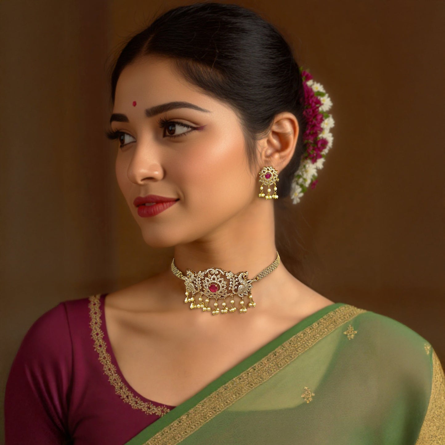 Peacock Choker Pink CZ Necklace Set