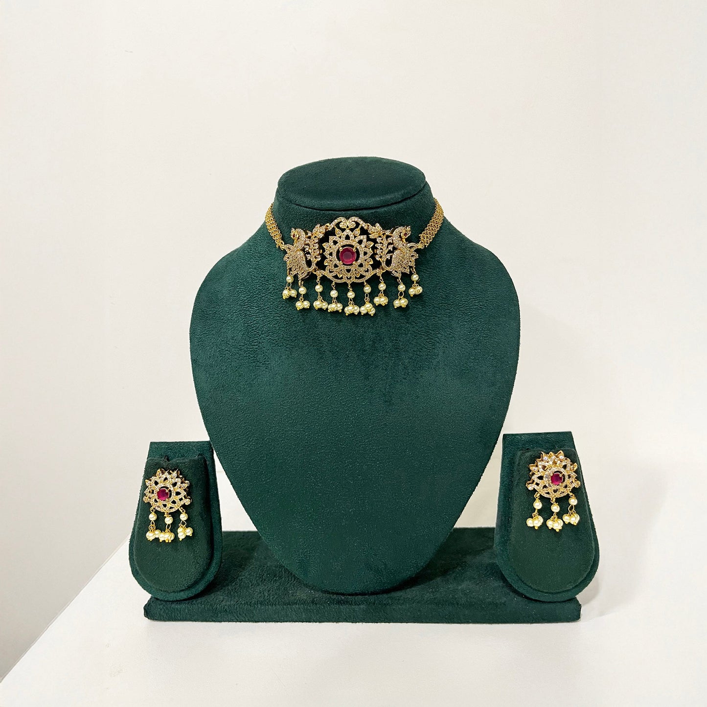 Peacock Choker Pink CZ Necklace Set