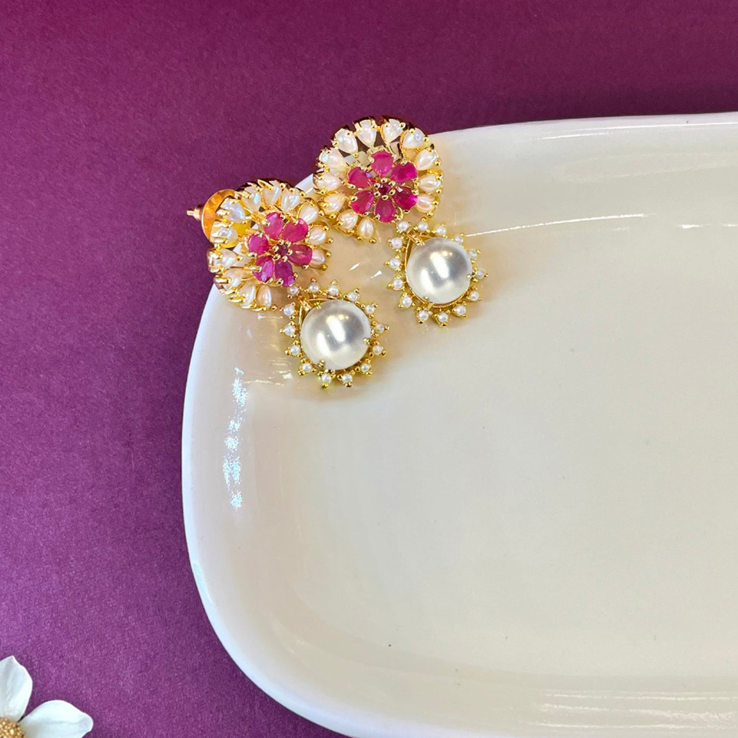 Cubic Zirconia AD Studded Perla Short Drop Earrings