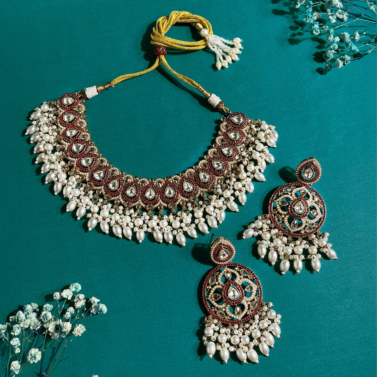 Aziza Begum Ruby and Pearl Necklace Set