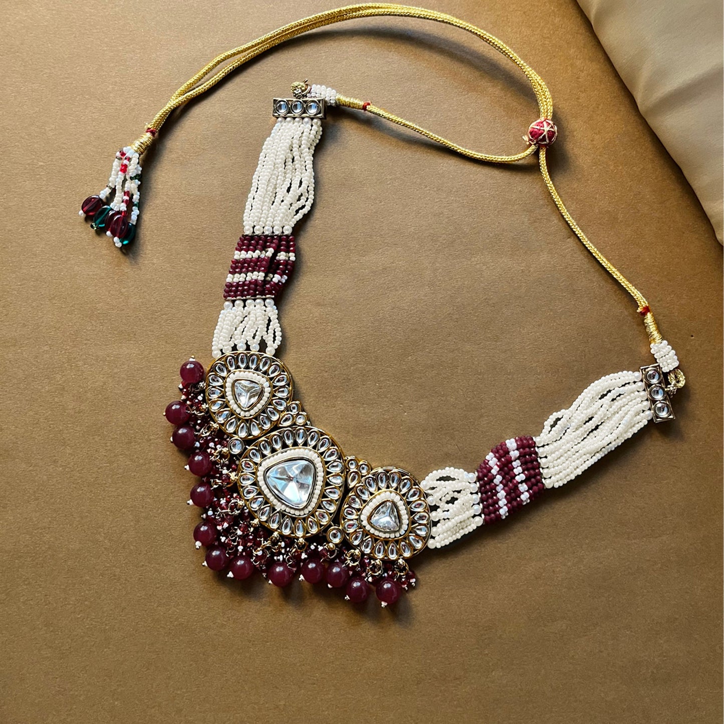 Gulnaar Maroon Kundan Studded Pearl Necklace Set