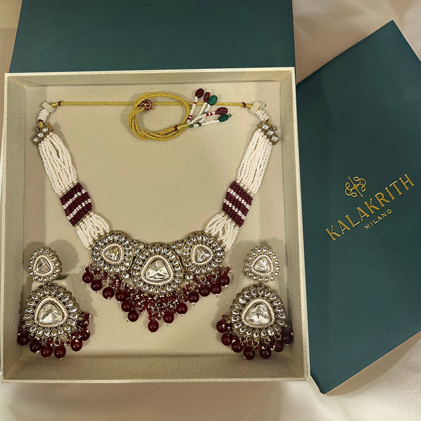 Gulnaar Maroon Kundan Studded Pearl Necklace Set