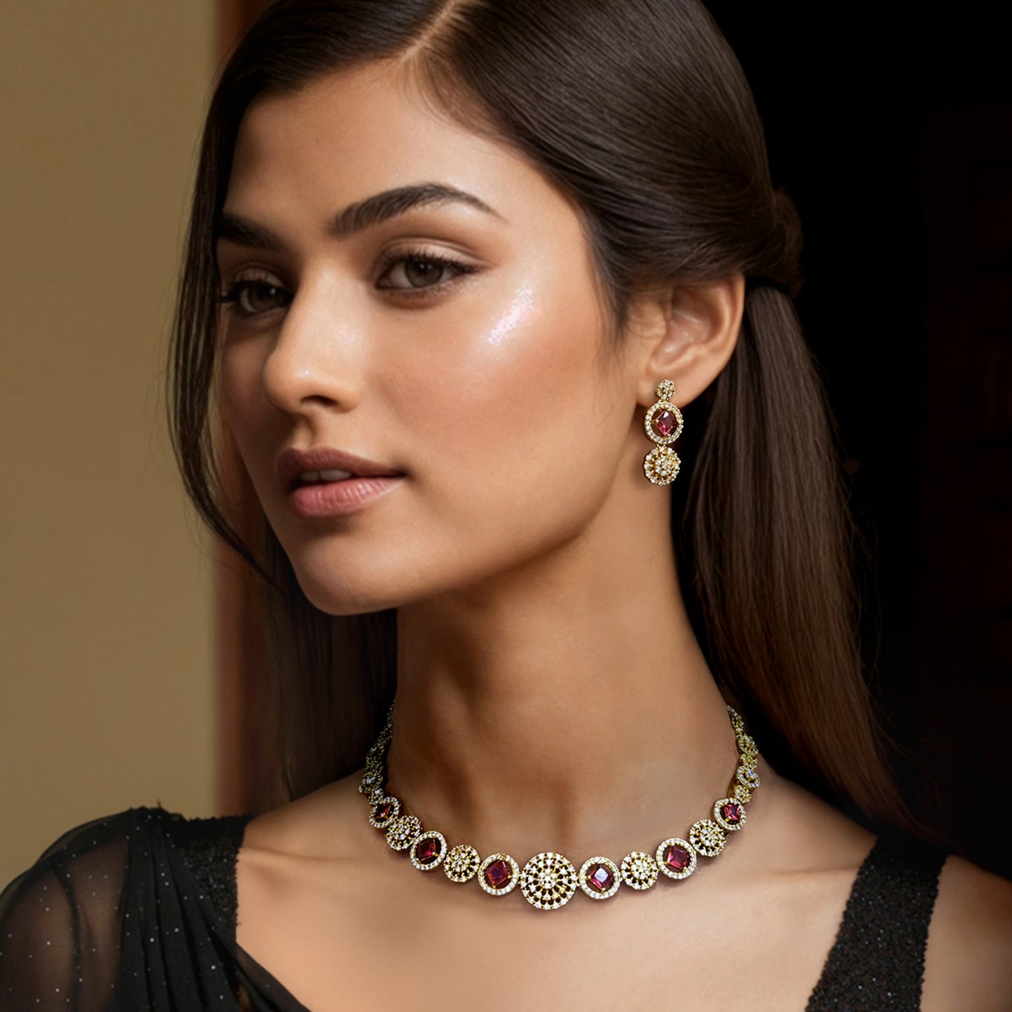 Priya Round Ruby Necklace Set