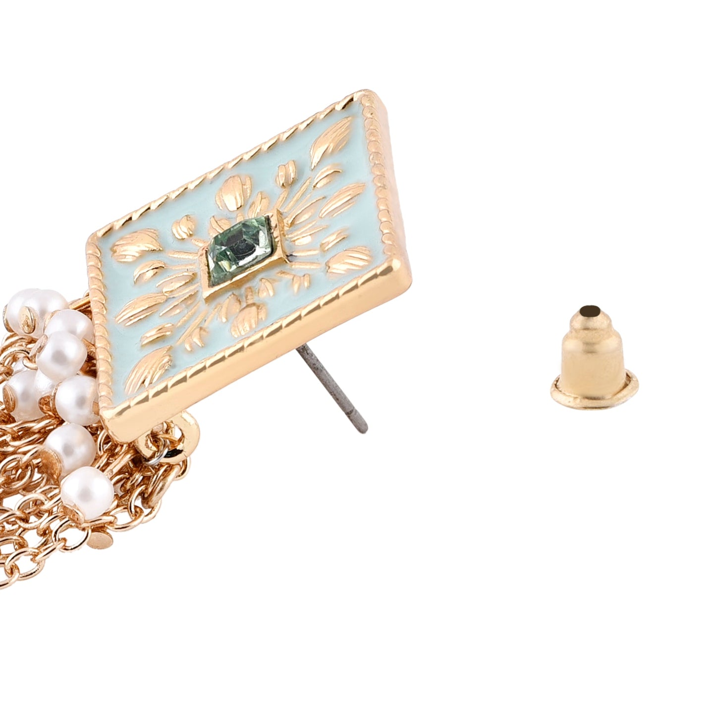 Gold Enamel Blue Tassel Earrings