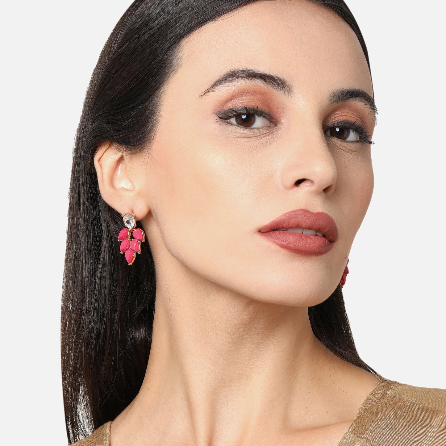 Pink Tear Drop Shape Short Red Stone Earrings
