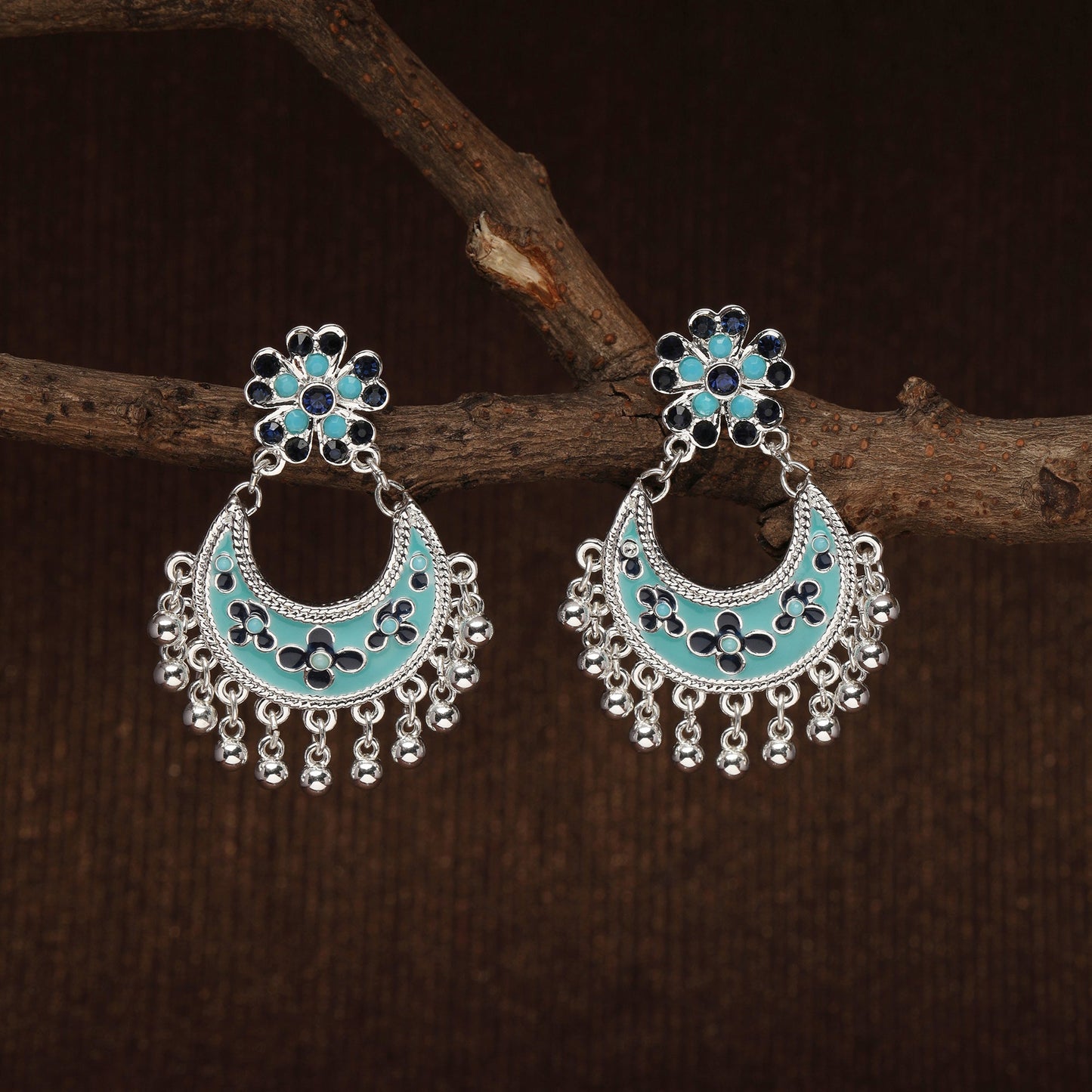 Silver Plated Floral Enamel Chandbalis Metal Chandbali Earring