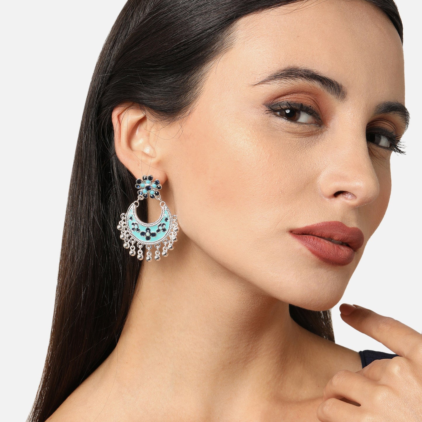 Silver Plated Floral Enamel Chandbalis Metal Chandbali Earring