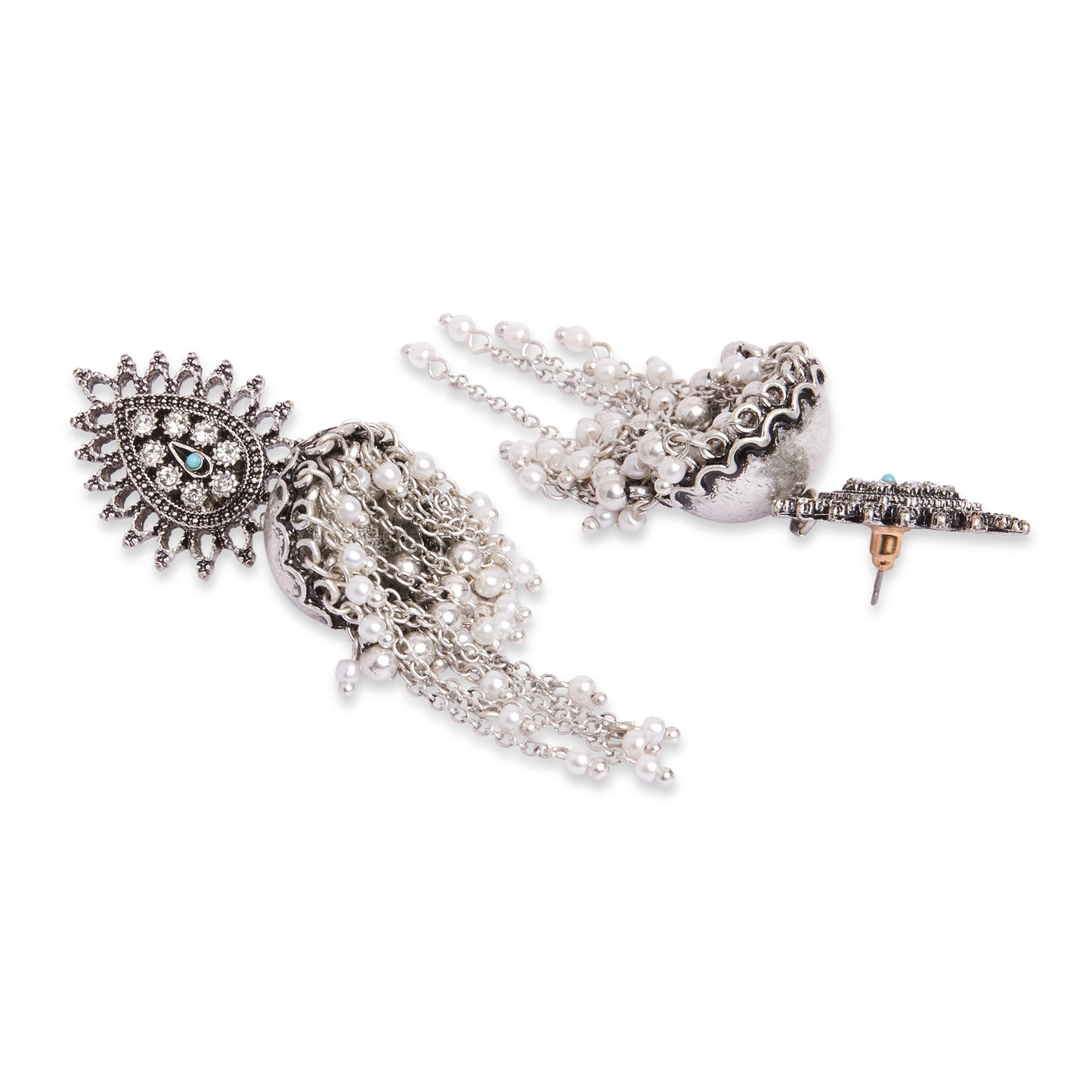 Pearl Oxidized Silver Long Jhumkas