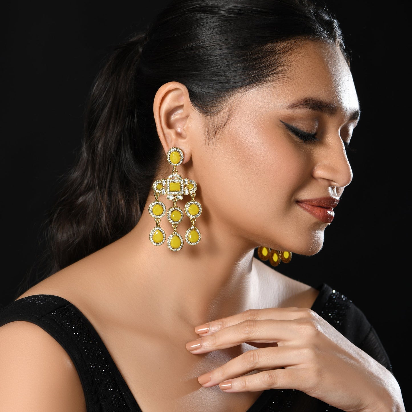 Long Chandelier Yellow Crystal Drop Earrings