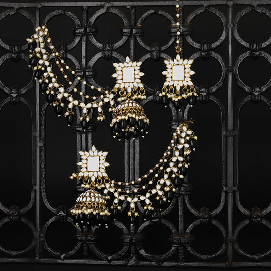 Black Beads and Mangtika Mirror Work Earrings set