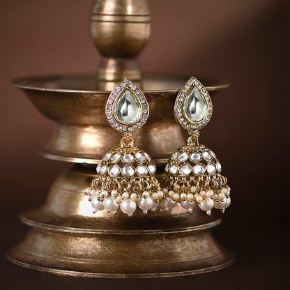 Gold Kundan and Pearl Drop Jhumka  Earrings