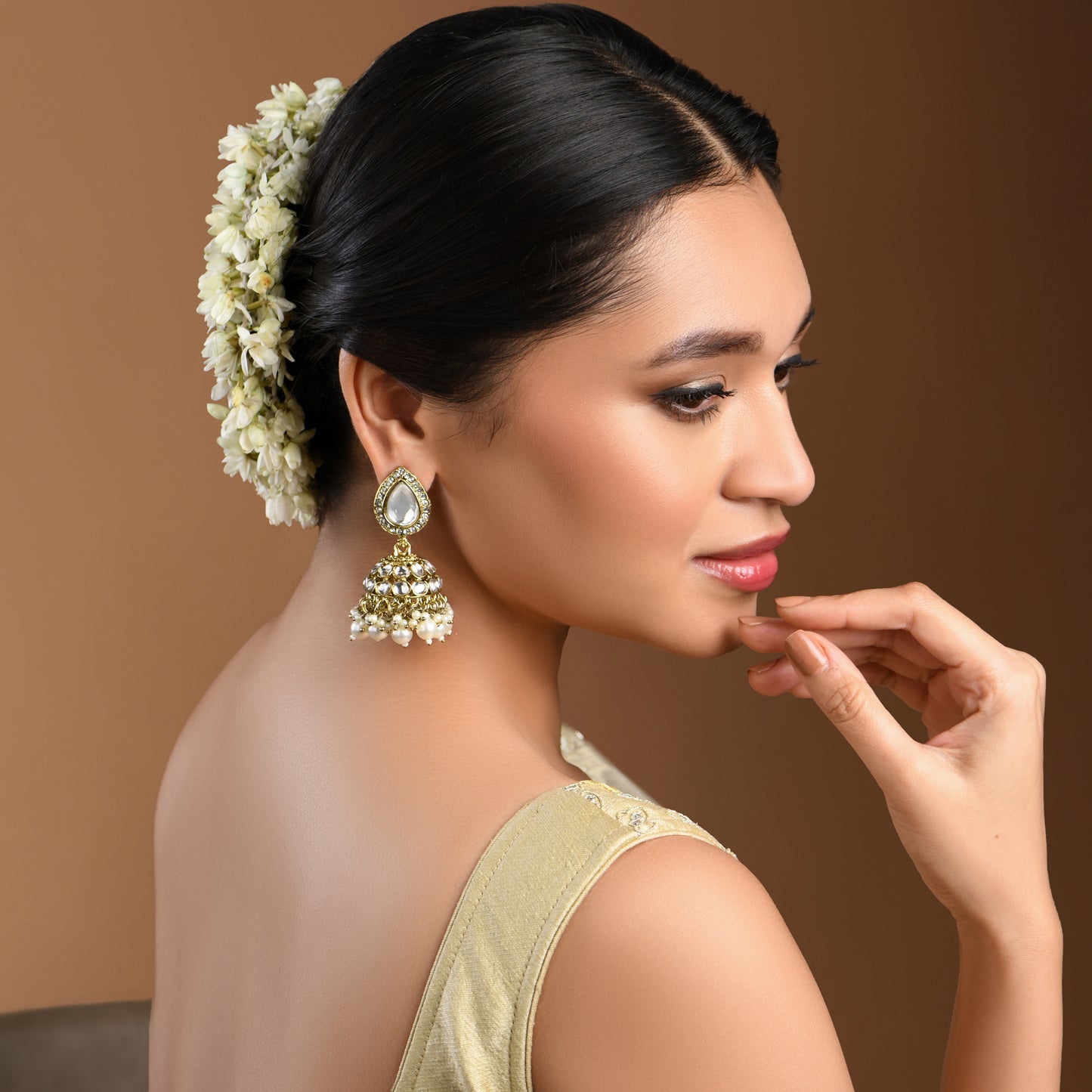 Gold Kundan and Pearl Drop Jhumka  Earrings