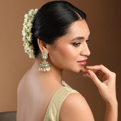 Gold Kundan and Pearl Drop Jhumka  Earrings