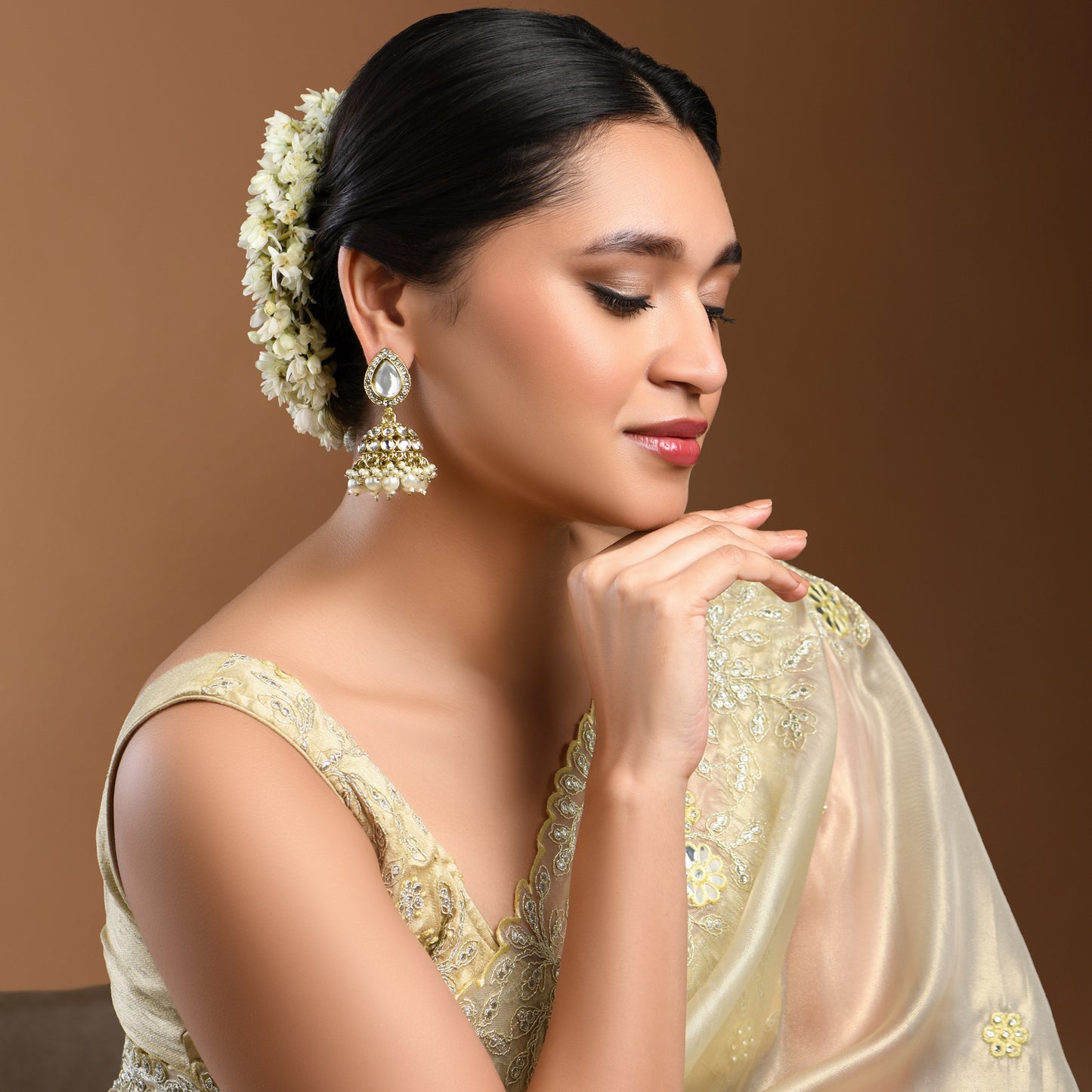 Gold Kundan and Pearl Drop Jhumka  Earrings