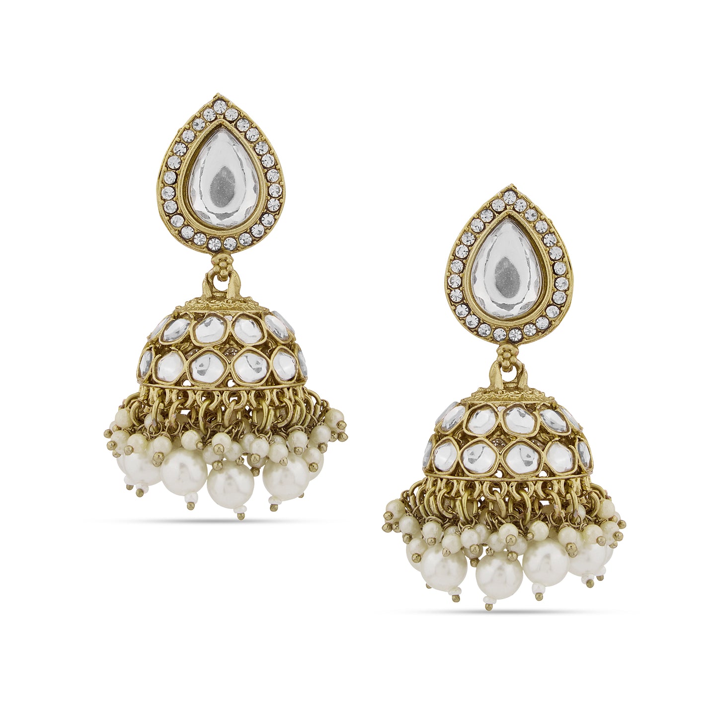 Gold Kundan and Pearl Drop Jhumka  Earrings