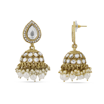 Gold Kundan and Pearl Drop Jhumka  Earrings