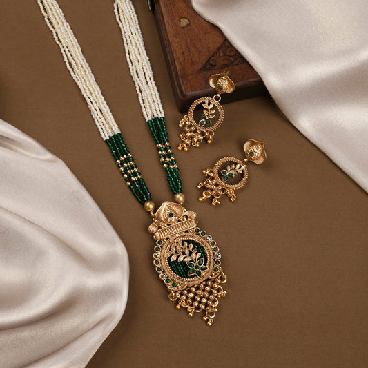 Green Beaded Long Necklace Set