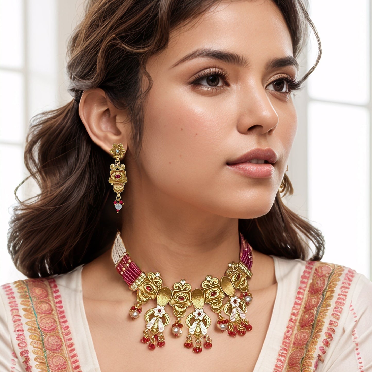 Pink Anti-Tarnish Flower Necklace Set