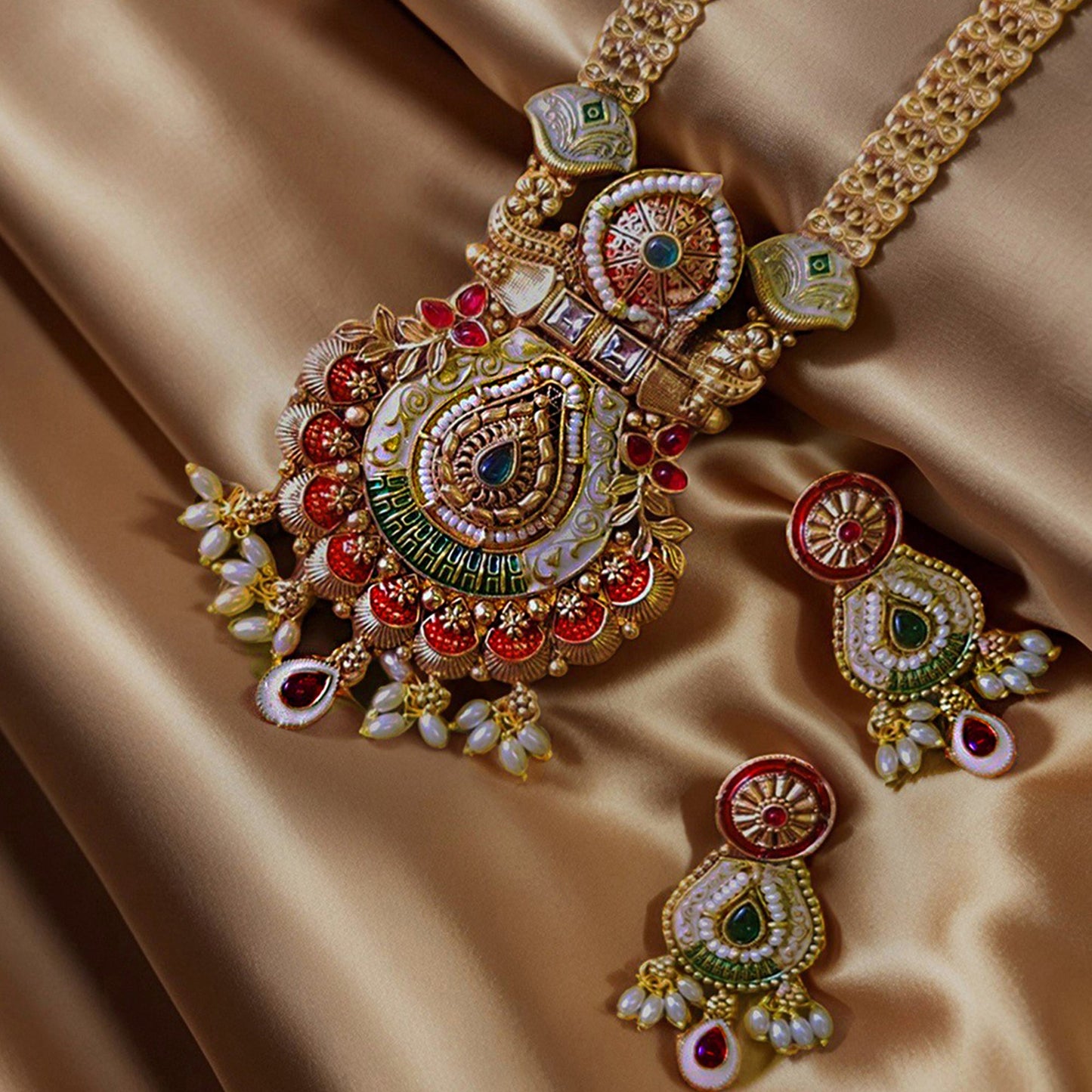 Gold Long Enamelled  Necklace Set