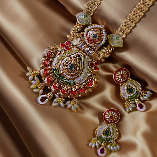 Gold Long Enamelled  Necklace Set