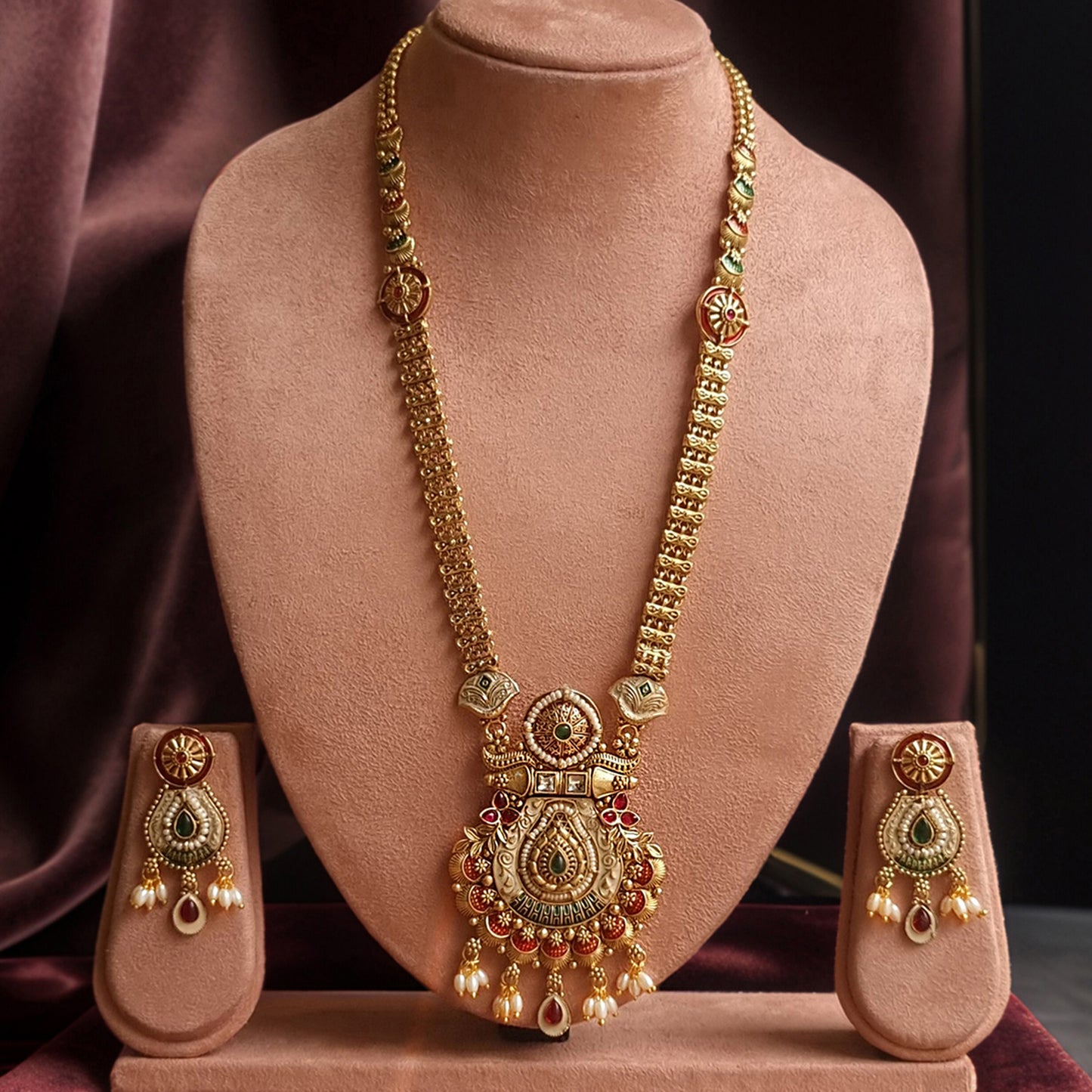 Gold Long Enamelled  Necklace Set