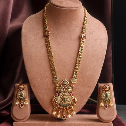 Gold Long Enamelled  Necklace Set