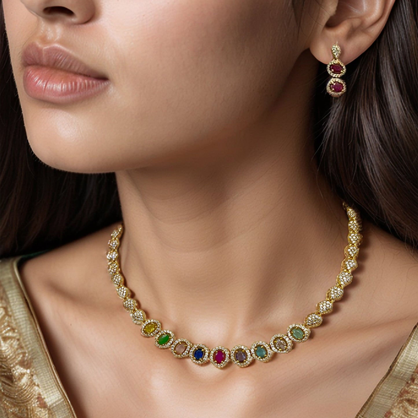 Multi-Colored Stone Navratan Choker Jewelry Set