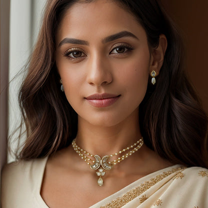 Moon Pendant Pearl Chain Necklace Set
