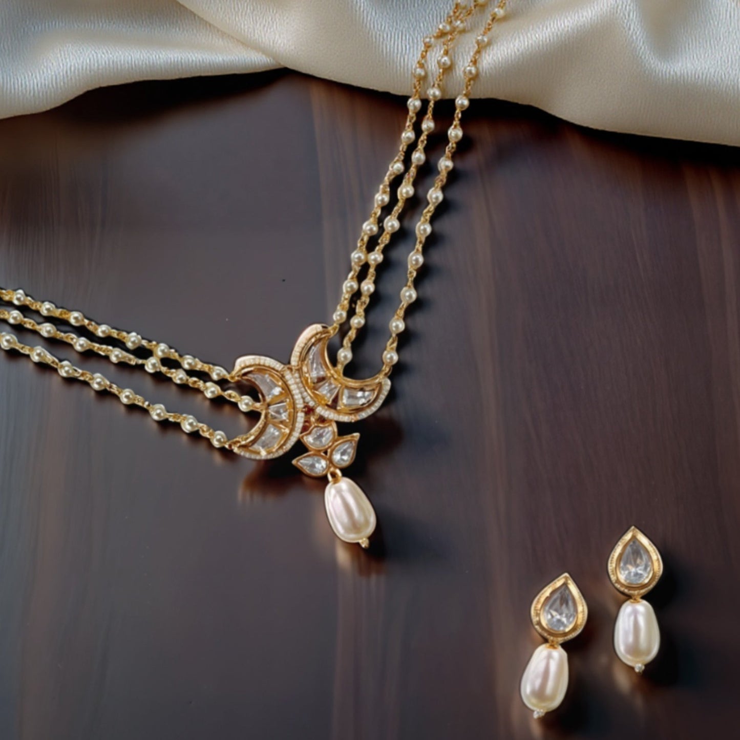 Moon Pendant Pearl Chain Necklace Set