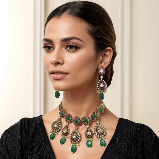 Green Polki Studded Jewellery Set