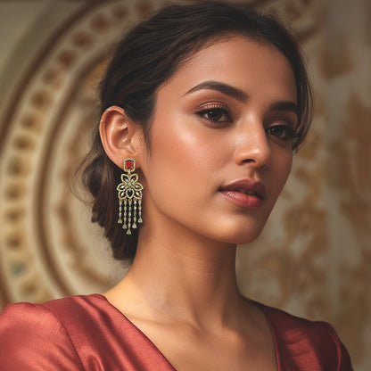 Gold-toned AD Studded Coral Flower Danglers