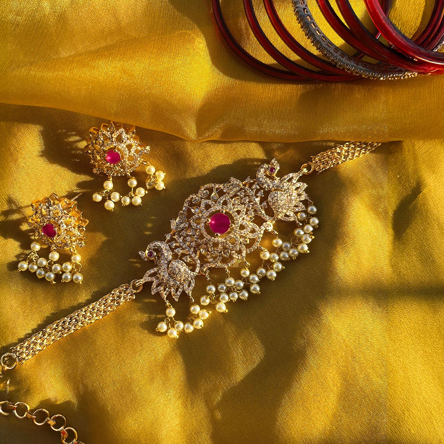 Peacock Choker Pink CZ Necklace Set